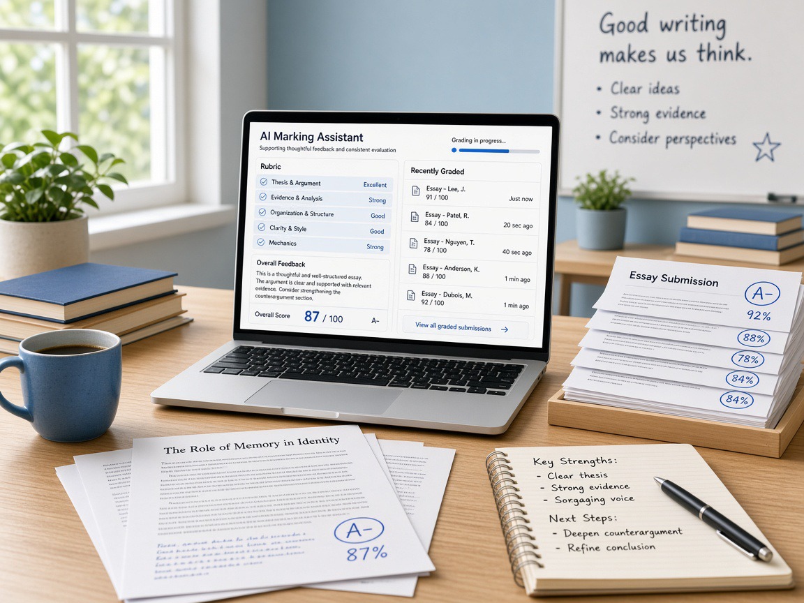 Academic desk with AI marking and rubric interface