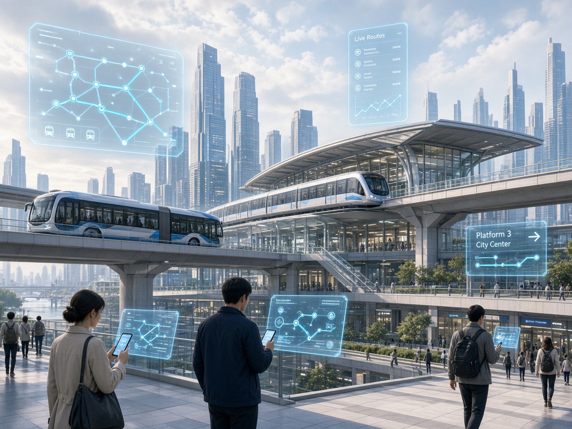 Smart city transit hub with digital routing and ticketing